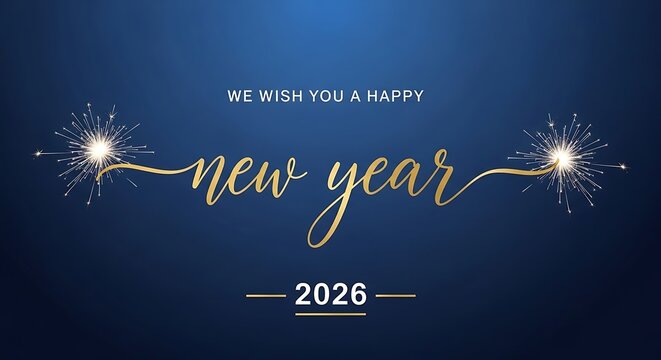 Elegant golden new year 2026 greeting with sparklers on a deep blue background