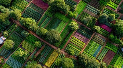 Aerial perspective of meticulously arranged lush green garden plots displaying diverse crops in organized rows and patterns