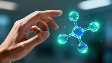 A hand reaching for a digital molecular structure with glowing elements.
