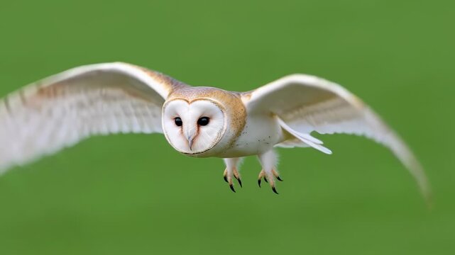 Barn owl gliding gracefully through the air in slow motion with elegant wing movements