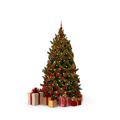 Decorated christmas tree with lights, gifts, and festive decor