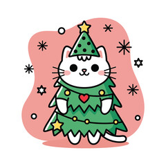 Adorable cat dressed as a christmas tree with star isolated on pink background