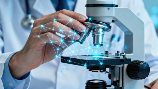A scientist examines a microscope with digital connections visible in the background.