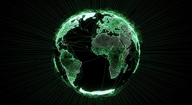 An abstract, dark globe with luminous green and white lines tracing complex, dense connections between continents. The lines radiate outwards, emphasizing a connected, intelligent worldwide network.