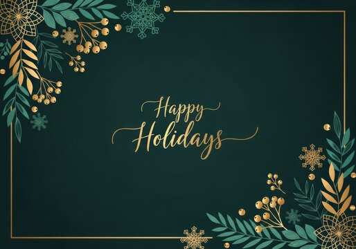 Elegant Happy Holidays greeting card with gold and teal floral elements - Powered by Adobe