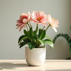 Obraz premium Blooming Plant On Minimalist Wooden Table