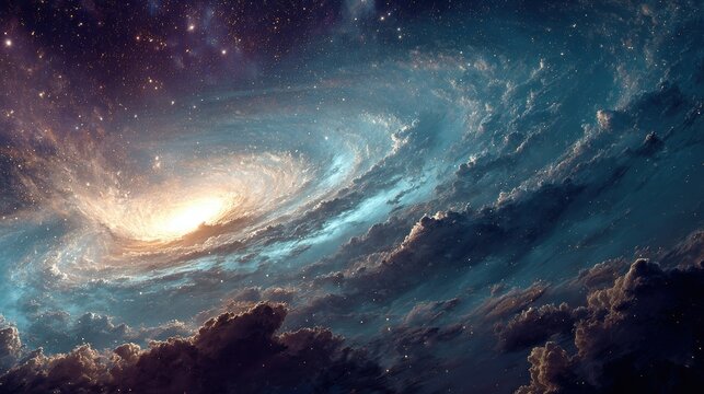 Vivid cosmic energy burst emits from a celestial vortex in a dark galactic landscape, creating a stunning astral display that ignites the imagination