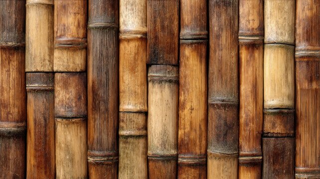 Close up of realistic brown bamboo slat wall texture showing natural patterns and variations for use in design stock