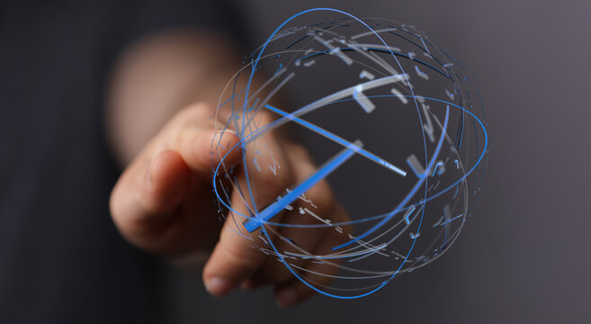 Hand touching digital globe represents global connection, business concept, innovation, and technology, world wide digital illustration.
