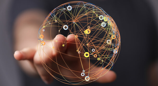 Abstract image showing a digital sphere with connections held in a hand, symbolizing the global network, internet, communication, and - Powered by Adobe