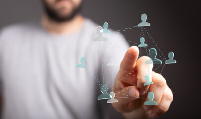 Man touching a digital human network concept. Business, connections, global, online, social network, community, idea, web, data. Concept for bus