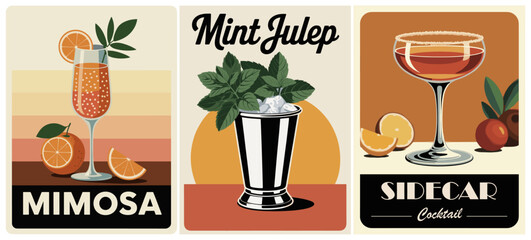 Vintage-style vector cocktail poster set featuring Mimosa, Mint Julep, and Sidecar cocktails with retro orange, brown, and black palette, flat art deco style, and bold typography