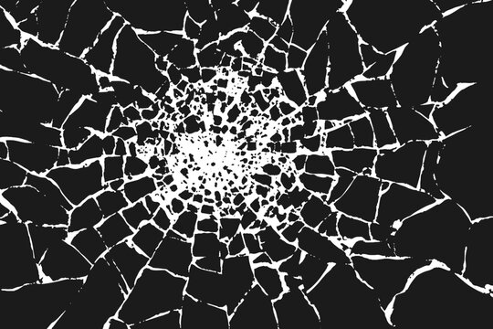 Broken glass shatter texture vector abstract pattern burst. Dynamic cracked background with radial fragments and central impact effect. Vector realistic screen or window break visuals for posters.