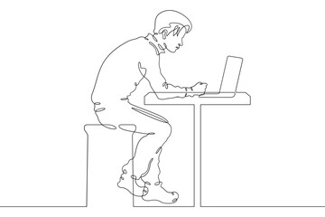 Continuous single line drawing man is sitting at a laptop. A man is working at a computer.Linear . One continuous line isolated minimalist illustration. Not AI.
