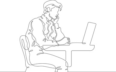 Continuous single line drawing man is sitting at a laptop. A man is working at a computer.Linear . One continuous line isolated minimalist illustration. Not AI.