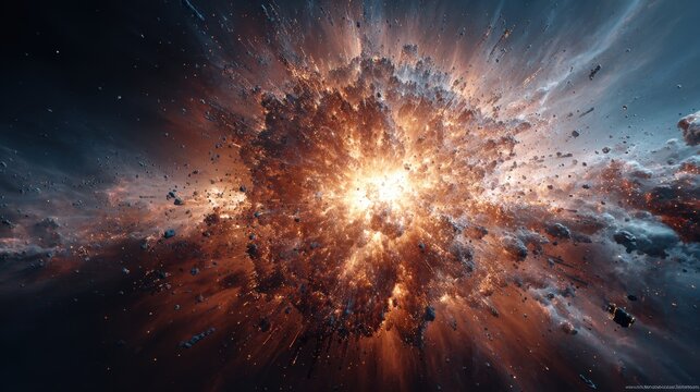 Massive cosmic explosion erupts in deep Space, with bright light illuminating swirling nebulae and scattered debris creating a dramatic celestial event