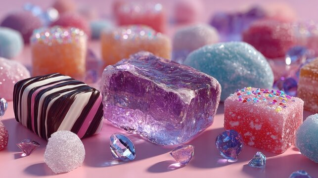 Pastel sugars and candies adorn spoon on pink background, crystals and sweets piled high, creating a sweet and sugary confection still life