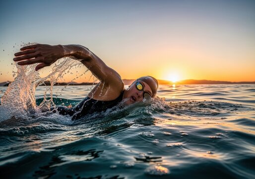Athlete swimming freestyle in ocean at sunset, training for competition
