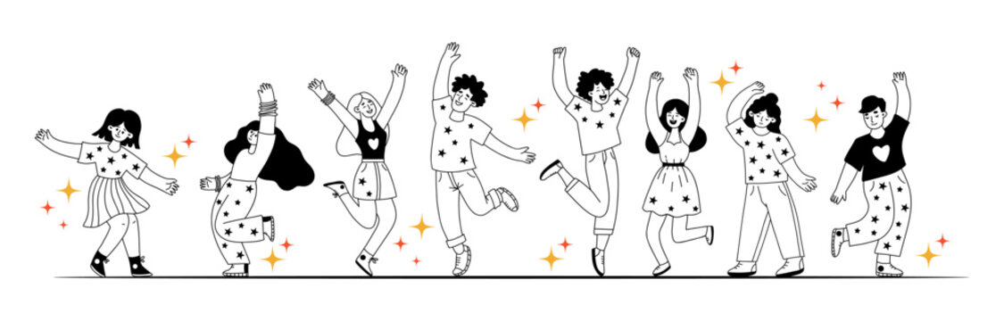 Happy People Dancing. Holiday and Party. Isolated Outline Joyful Girls and Guys in Dance hand drawing Doodle. Vector Illustration. Not AI