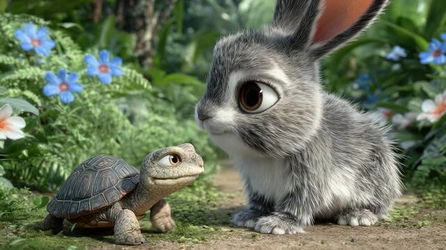 Animated grey rabbit and tortoise in a lush garden setting