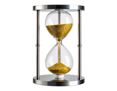Modern Hourglass with Metallic Frame and Yellow Sand, Angled Side View, Isolated on Transparent Background (2)