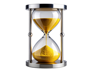 Modern Hourglass with Metallic Frame and Yellow Sand, Angled Side View, Isolated on Transparent Background