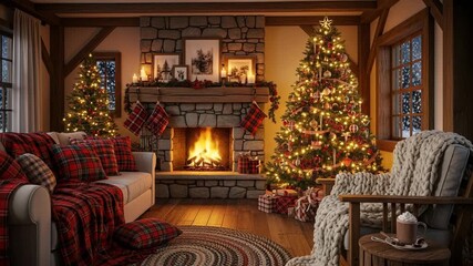 Rustic cabin living room Christmas decorated stone fireplace illuminated trees plaid stockings throw blankets presents chunky knit cozy hygge traditional festive
- Powered by Adobe