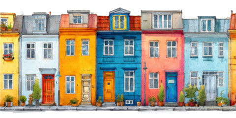 Watercolor houses on transparent backdrop for city architecture