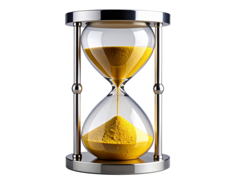 Modern Hourglass with Metallic Frame and Yellow Sand, Angled Side View, Isolated on Transparent Background