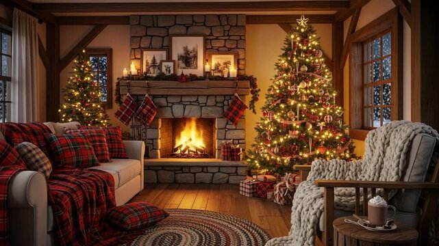 Rustic cabin living room Christmas decorated stone fireplace illuminated trees plaid stockings throw blankets presents chunky knit cozy hygge traditional festive

