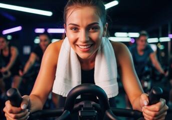 Fototapeta premium Smiling woman on a spin bike in a gym during a workout session