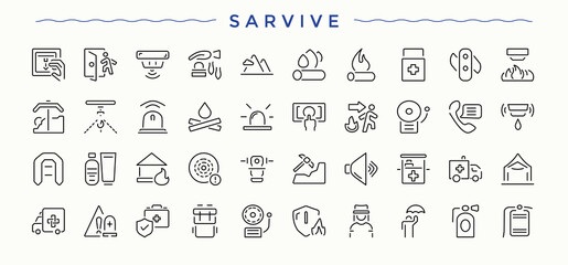 Rescue linear icon collection. Outline icons pack. Pixel perfect. Vector illustration. Alarm vector line icon set. Pictograms of firefighter, safety, alarm and more.
