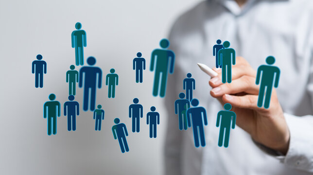 Concept of teamwork or business connection with hovering human figures, great for digital marketing.