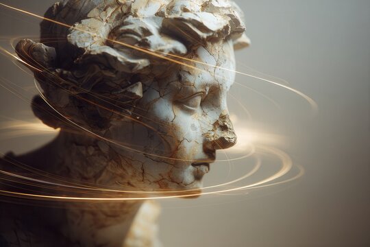 marble statue head with peeling stone texture and abstract glowing light trails swirling around