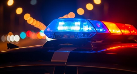 Close-up view of flashing blue and red emergency lights on top of a police vehicle at night, with blurred city lights in the background.