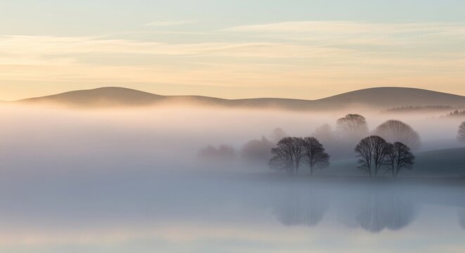 Serene misty morning landscape with silhouetted trees emerging from a low-lying fog, reflecting in calm water under a soft, pastel sky.
