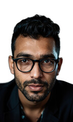 A South Asian male leader with dark, slicked-back hair and thin glasses, his intense gaze surrounded by floating light patterns