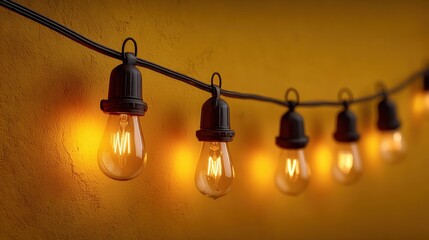 Warm string lights illuminate a textured yellow wall, creating a beautiful and inviting atmosphere perfect for outdoor gatherings and cozy evenings
