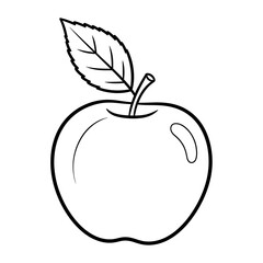 Simple black and white line drawing of a fresh apple with a single green leaf and stem