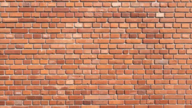 Close up of an even red brick wall with a pattern of bricks and gray concrete joints with neutral lighting.