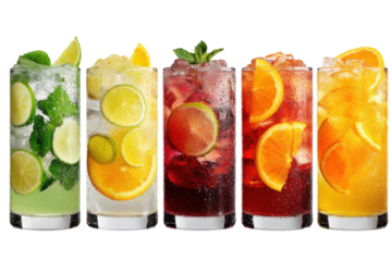 Refreshing Fruit Cocktails in Glassware With Ice Cubes
