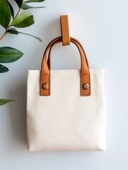 Stylish off-white canvas tote bag with light brown leather handles hangs on a wooden hook against a white background. Minimalist design