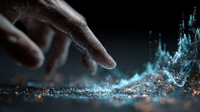 Hand interacts with futuristic holographic stock market data chart visualization, analyzing financial trends