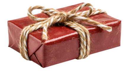 Elegant red present tied with striped festive cord symbolizing New Year joy isolated on white background