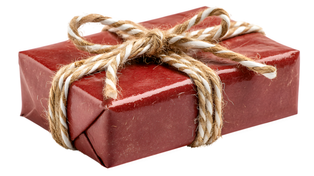 Elegant red present tied with striped festive cord symbolizing New Year joy isolated on white background