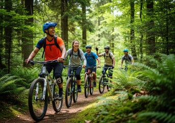Naklejka premium Group of friends mountain biking on a forest trail, enjoying the outdoors