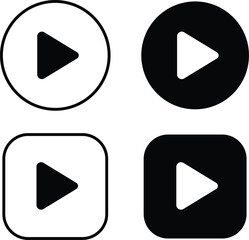 Four black and white play button icons in circle and square shapes video icon media player