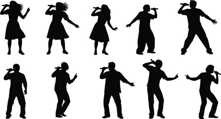 Collection of male and female singer silhouettes performing on stage with microphones, dynamic poses, perfect for concert posters, music events, and entertainment designs