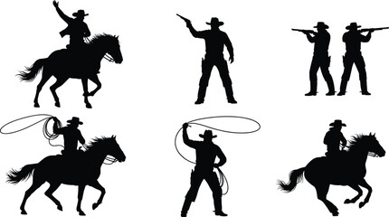 Cowboy silhouette vector illustration featuring horse riding, lasso throwing, and gun action scenes, representing wild west adventure, cowboy culture, and western lifestyle