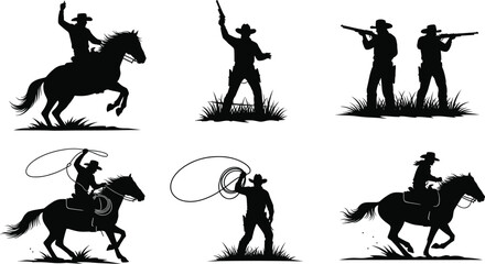 Cowboy silhouette vector illustration with horse riding, gun shooting, and lasso action scenes, representing wild west culture, adventure, and western lifestyle